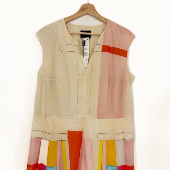 Akris Punto Dress Womens Sz 14 Mural Print Cotton Silk Pleated Shirt Dress $2390 - Picture 4 of 9